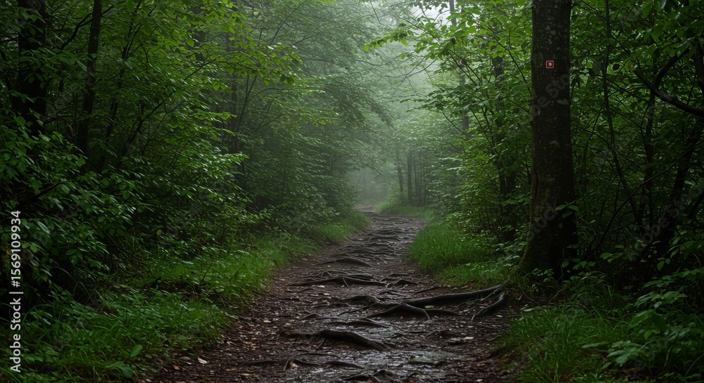 Obraz premium Rainy Forest Trail: Mysterious and Serene Nature Walk