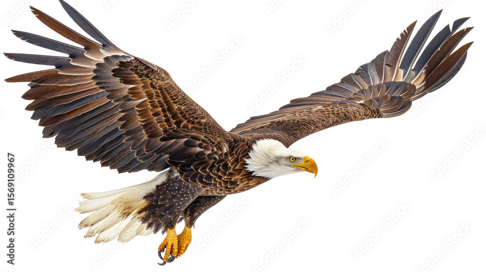 Obraz premium Bald Eagle in Mid-Flight with Outstretched Wings Captured Against a White Background