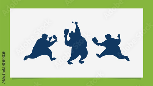 Collection of pickleball player silhouettes with fat bodies in various positions
