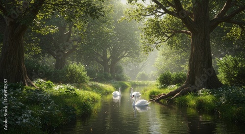 Serene Swans on Misty River in Lush Green Forest