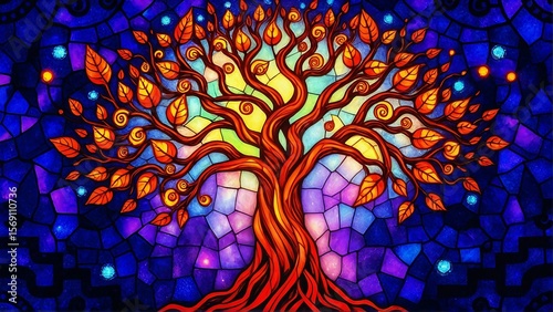 A magical digital illustration of the Tree of Life glowing against a colorful cosmic mosaic background filled with stars, tiles, and galactic textures, symbolizing harmony and spiritual connection.