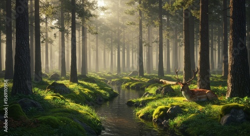 Magical Sunrise in a Misty Forest with Deer