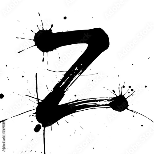 Lowercase letter z ink splatter brush art, Bold lowercase letter "z" painted in expressive black ink with dynamic splatter effects on white, perfect for modern typography and creative graphic design.
