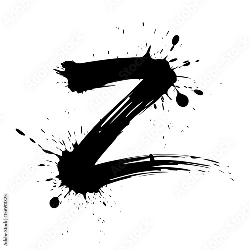 Lowercase letter z ink splatter brush art, Bold lowercase letter "z" painted in expressive black ink with dynamic splatter effects on white, perfect for modern typography and creative graphic design.
