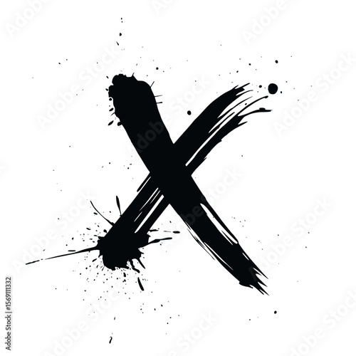 Lowercase letter x ink splatter brush art, Bold lowercase letter "x" painted in expressive black ink with dynamic splatter effects on white, perfect for creative typography and modern design projects
