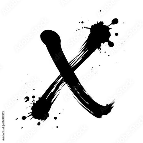 Lowercase letter x ink splatter brush art, Bold lowercase letter "x" painted in expressive black ink with dynamic splatter effects on white, perfect for creative typography and modern design projects
