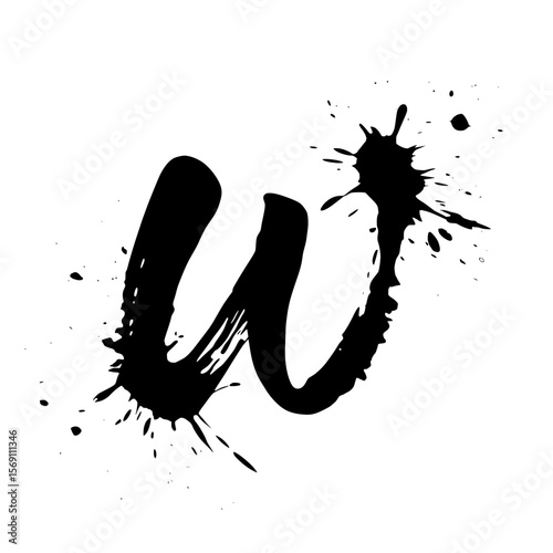 Lowercase letter w ink splatter brush art, Expressive lowercase letter "w" painted in bold black ink with dramatic splatter effects on white, ideal for modern typography and creative design projects.
