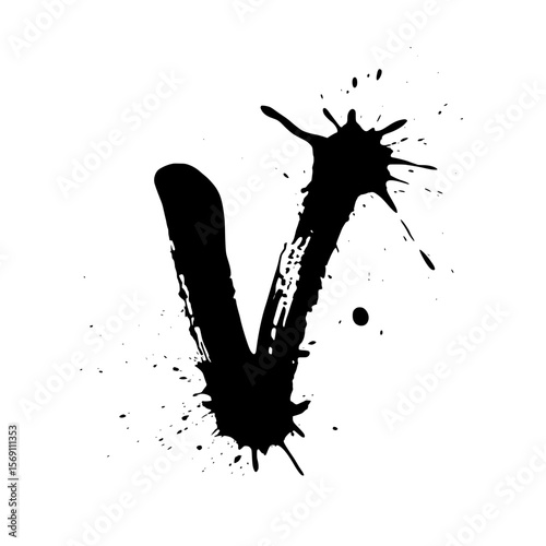 Lowercase letter v ink splatter brush art, Bold lowercase letter "v" painted in expressive black ink with dynamic splatter effects on white, perfect for modern creative typography and artistic design
