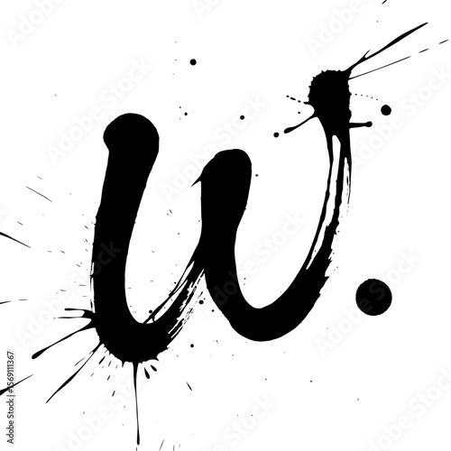 Lowercase letter w ink splatter brush art, Expressive lowercase letter "w" painted in bold black ink with dramatic splatter effects on white, ideal for modern typography and creative design projects.
