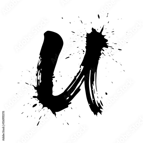 Lowercase letter u ink splatter brush art, Bold lowercase letter "u" painted with expressive black ink and dramatic splatter effects on white, ideal for modern creative typography and artistic design

