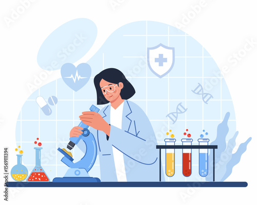 illustration of Female scientist working with a microscope in a laboratory and various chemical lab equipment