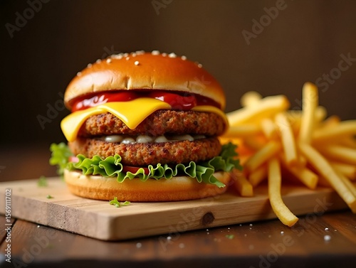 doppio cheeseburger con patatine fritte, ketchup, maionese e bibite gassate, Double cheeseburger with fries, ketchup, mayonnaise and soda