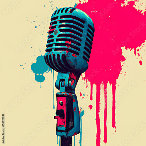 A classic silver microphone with a vibrant splattered paint backdrop in a pop art style