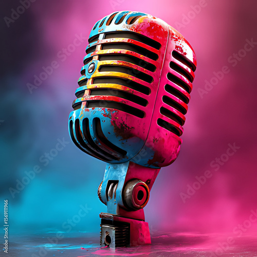 A classic silver microphone with a vibrant splattered paint backdrop in a pop art style