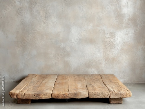 Rustic wood platform on concrete