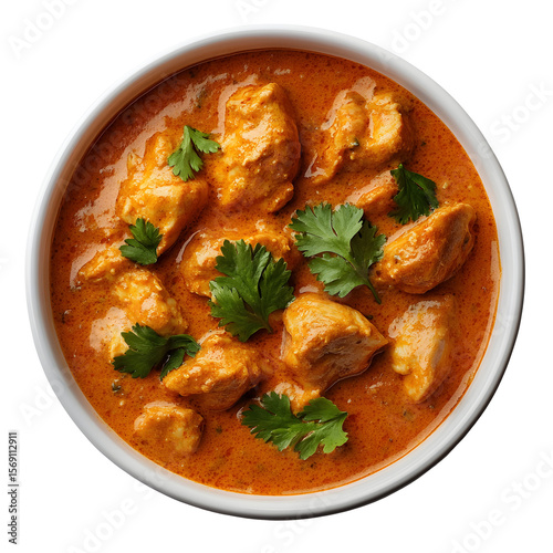 Overhead view of creamy chicken tikka masala in a white bowl on black backdrop