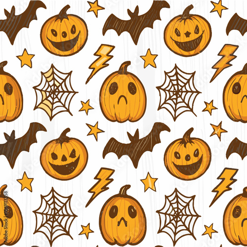 Halloween seamless pattern with spooky pumpkins and festive autumn design elements