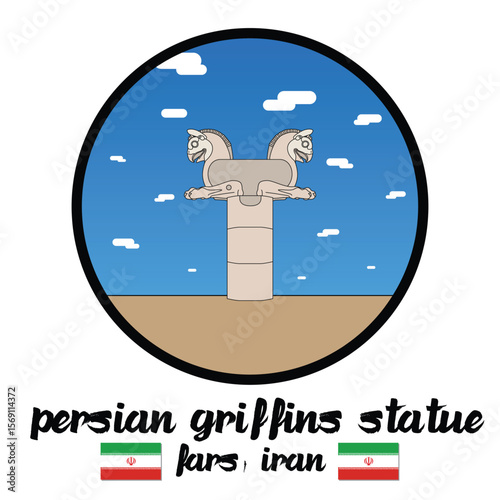 Circle Icon Persian Griffins Statue. Vector illustration