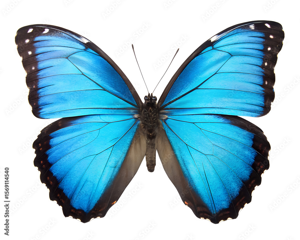 Fototapeta premium A vibrant blue Morpho butterfly with open wings. The butterfly displays iridescent blue and black patterns, set against a transparent background.