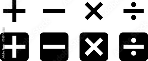 Basic mathematical symbol. Plus, minus, multiply, divide icon set. Plus and minus icon set. Math symbol. Plus icon, Minus icon, Multiply icon, Divide icon.