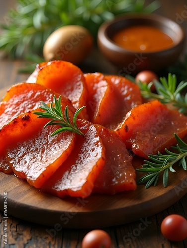 Chunks of salted lard background, spices and herbs, Homemade glazed smoked ham and jerky meat with fresh natural herbs and aromatic spices