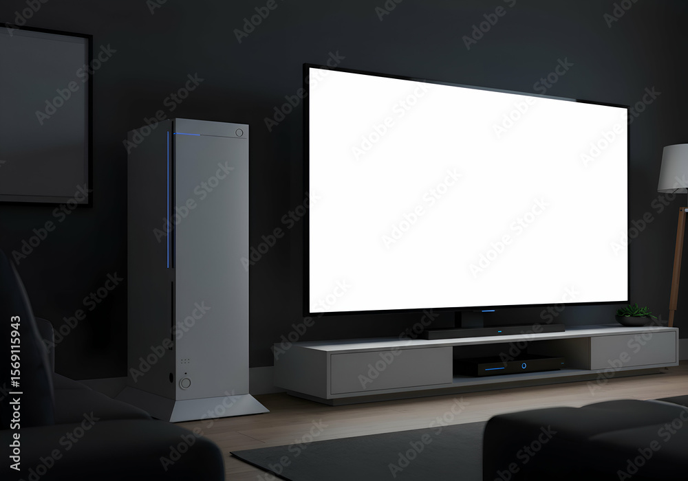 Fototapeta premium Modern home theater with gray furniture and lighting. Perfect for electronics or decor ads, showcasing sleek setups.
