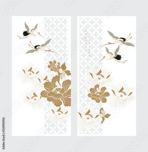 Japanese background with crane birds vector. Peony flower elements. Geometric pattern in vintage style. Invitation card design.