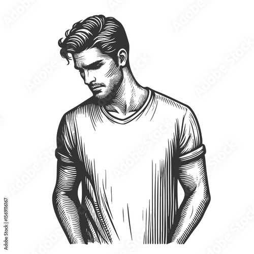 oung man with a sad expression, head down, wearing a casual rolled-sleeve shirt sketch engraving generative ai fictional character vector illustration. Scratch board imitation. Black and white image.