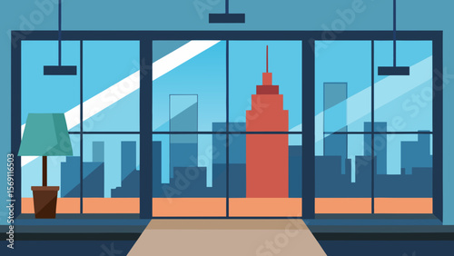 An urban office interior with a blank glass window offers a city view of modern business architecture and construction under a blue sky
