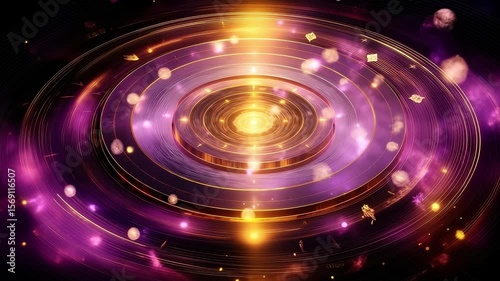 A purple and gold spiral vortex with stars and planets in the background