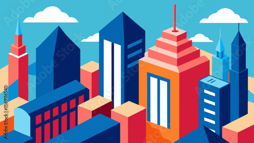 Vector illustration of a vibrant urban cityscape with diverse buildings and homes, perfect for modern design projects