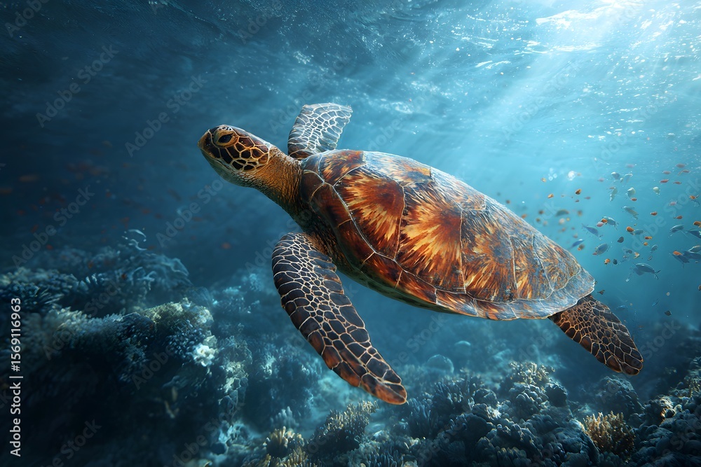 Obraz premium Turtle and Fish in Tropical Reef Environment