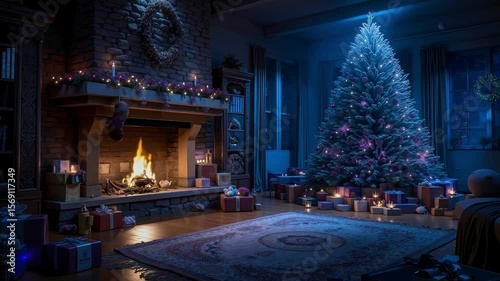 A living room with a christmas tree and presents in front of a fireplace