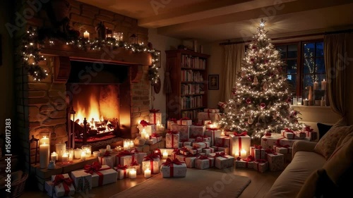 A living room filled with presents and a christmas tree