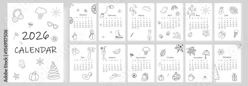 2026 calendar design. Doodle calendar planner minimal style, annual organizer. 