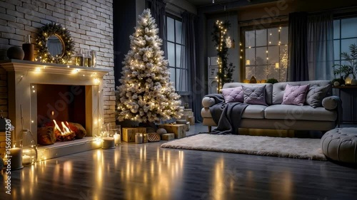 A living room decorated for Christmas with a fireplace and a Christmas tree