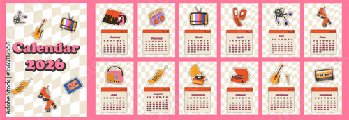 2026 calendar in minimal planner style decorated with colorful retro sticker illustrations used as an annual organizer with nostalgic vintage elements