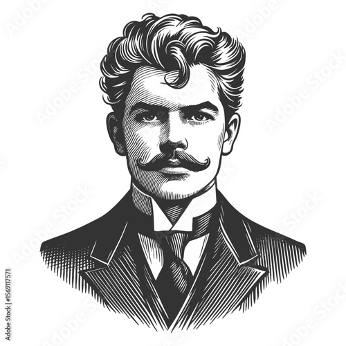 Victorian man with mustache and goatee in classic formal suit and tie sketch engraving generative ai fictional character vector illustration. Scratch board imitation. Black and white image.