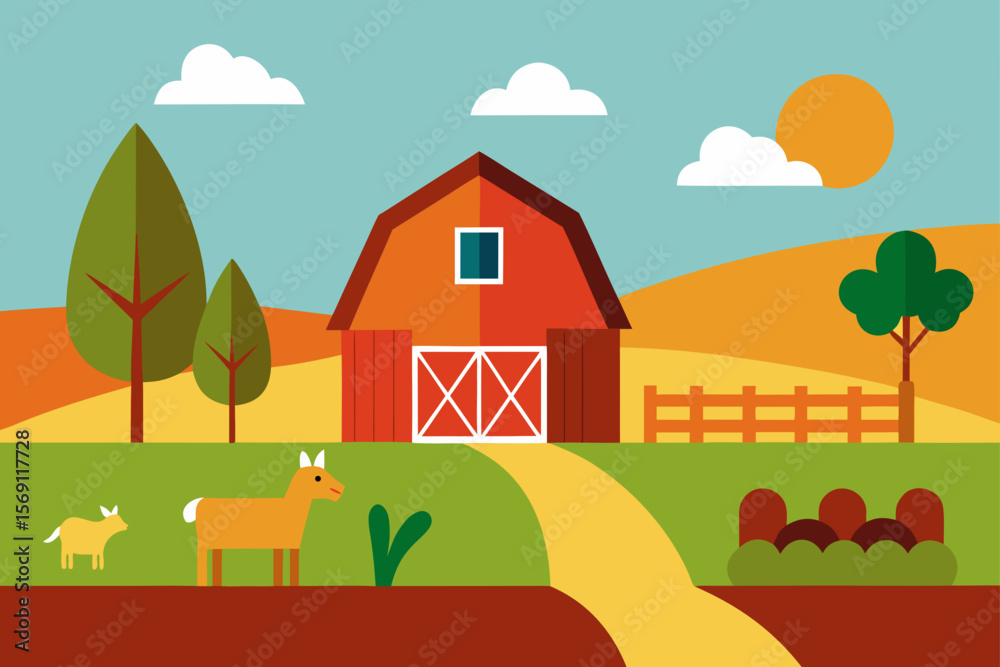 Fototapeta premium Rural landscape illustration of a country house with trees and sky, a charming village home design