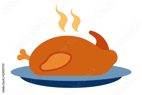 Delicious food vector illustration with isolated cartoon chicken, turkey, fish, bread, and a plate with a cup of coffee or tea with lemon for a perfect meal or dinner