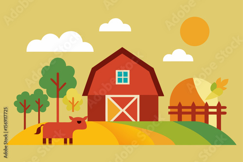Vector cartoon illustration of a summer farm landscape with a house, trees, and sky in the rural countryside