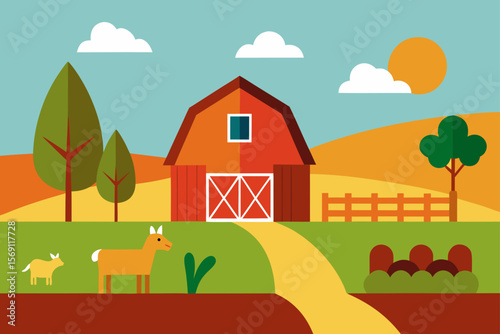 Rural landscape illustration of a country house with trees and sky, a charming village home design