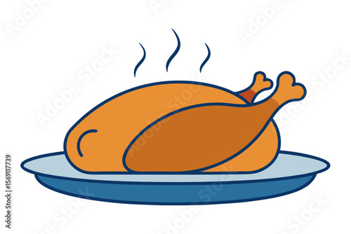 Cartoon vector illustration of isolated roasted chicken on a plate with fork and bread
