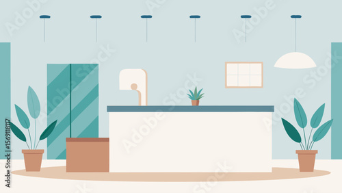 Vector illustration of a bright interior room with a window, flowers, and minimal furniture, perfect for home or office design