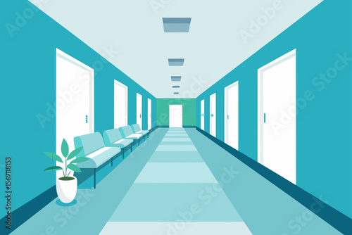 Modern empty building corridor with blue windows featuring a minimalist interior design, leading to various rooms