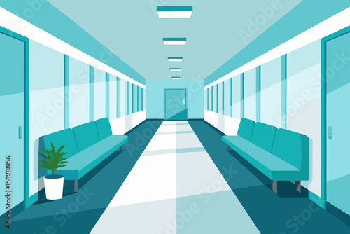 Modern office interior featuring a long, empty corridor with architectural design elements and natural light illuminating the walls and doors