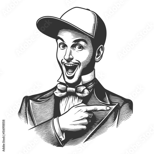  cheerful man in a suit and baseball cap pointing at his bow tie with a surprised expression sketch engraving generative ai fictional character vector illustration. Scratch board. Black and white.