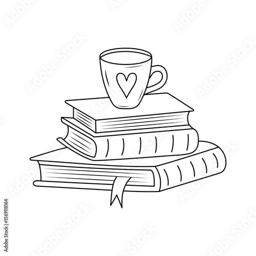Mug with heart on a stack of books. Doodle line vector illustration