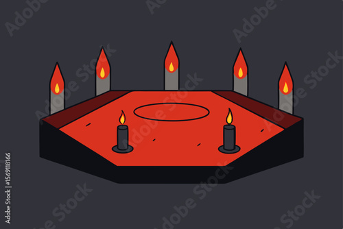Vibrant flames dance on burning candles, casting a warm light against a rich red and deep dark background, perfect for a festive Christmas or birthday celebration illustration