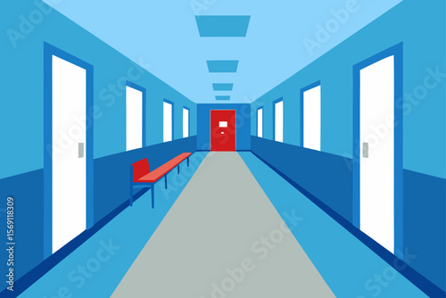 Long Hospital Corridor Perspective Drawing of a Medical Facility Hallway